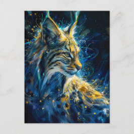 Cartão Postal lince gato-bravo banhado em luz neon azul amarelad