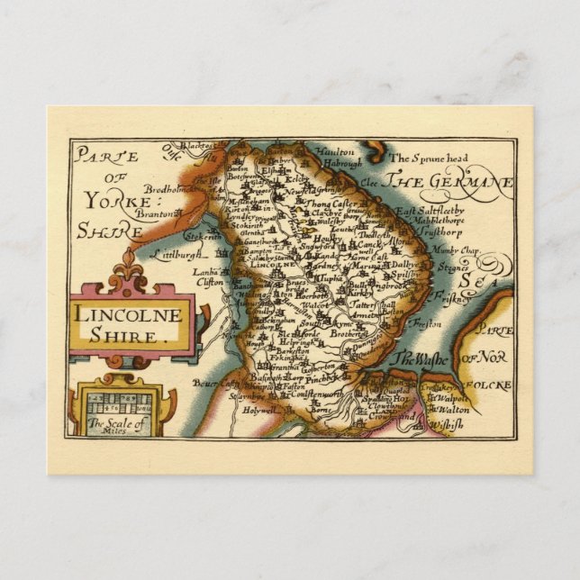 Cartão Postal Lincolnshire County England Antigo Mapa Antiquário (Frente)