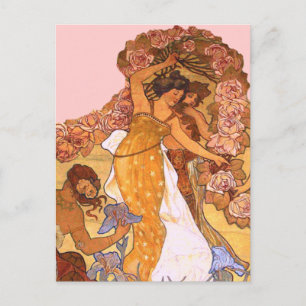 Cartão Postal Linda Arte Nouveau Mulheres com Írisos e Rosas