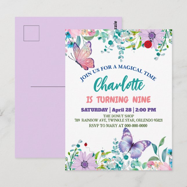 Cartão Postal Linda borboleta Bolinhas floral Flor Aniversário  (Frente/Verso)