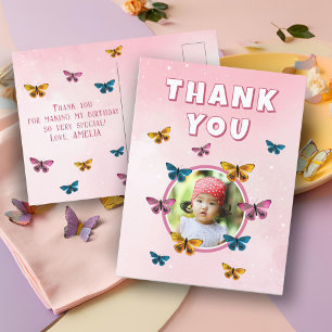 Cartão Postal Linda Borboleta Rosa Foto de Aniversário Obrigado