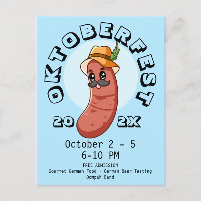 Cartão Postal Linda Bratwurst da Oktoberfest Kawaii (Frente)