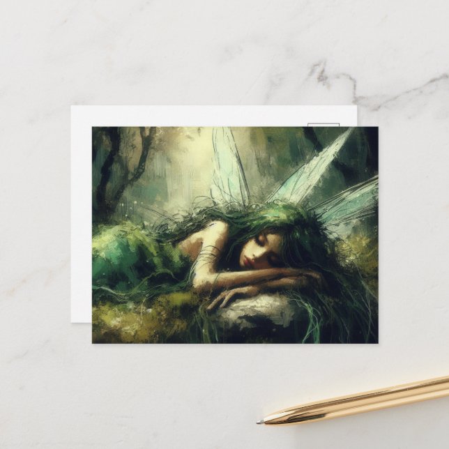 Cartão Postal Linda Fada dormindo em um manto de mossy na flores (Frente/Verso In Situ)