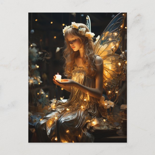 Cartão Postal Linda Fada Loura Brilhante Vagalumes (Frente)