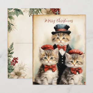 Cartão Postal Linda Família de Três Gatinhos de Natal