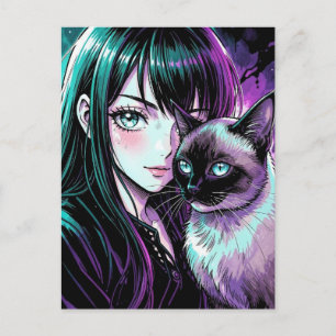 Cartão Postal Linda Garota de Anime e Gato Siames