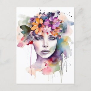 Cartão Postal Linda Garota de Aquarela com Flores no Cabelo