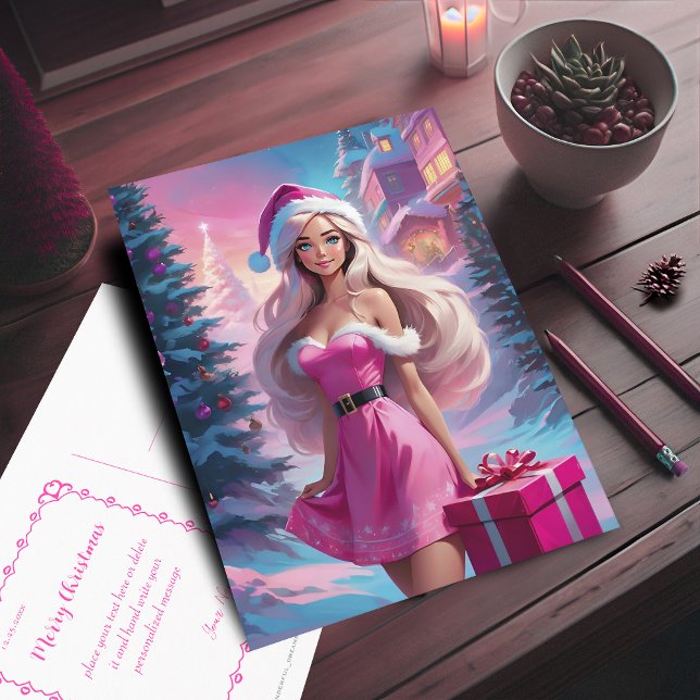 Cartão Postal Linda garota de Natal rosa 01 (Beautiful Pink Christmas Girl Postcard. Customizable with your text.)