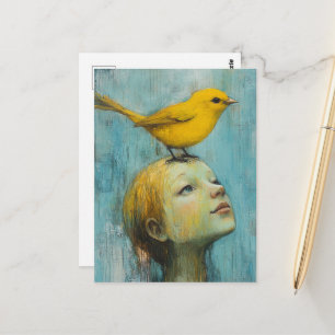 Cartão Postal Linda garota loira com grande pássaro amarelo na c