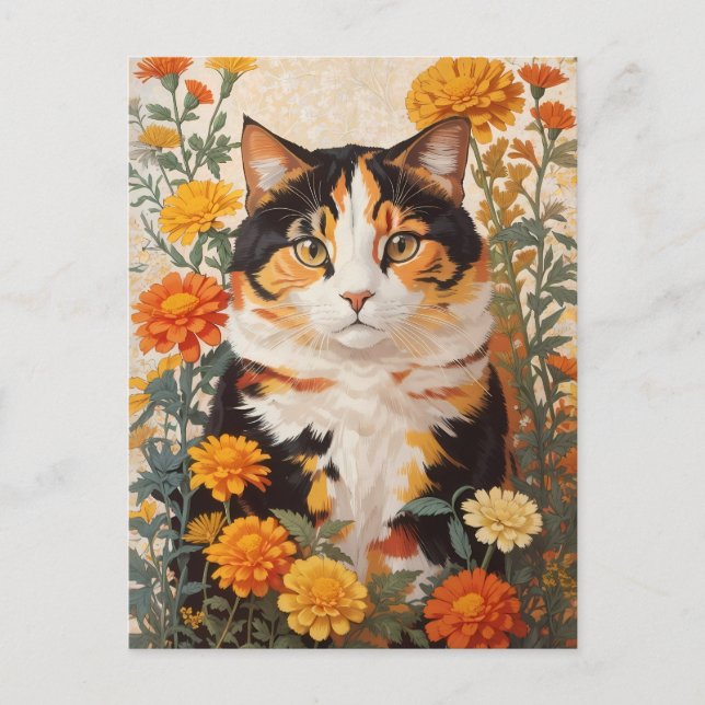 Cartão Postal Linda Gato Calico Com Flores Marigold (Frente)
