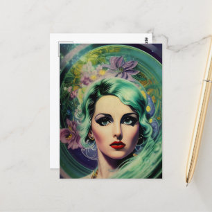 Cartão Postal Linda Lavanda e Estilo Retro Verde Mulher Espacial