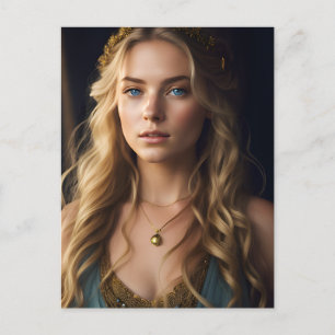 Cartão Postal Linda loira em vestida Dourado e azul