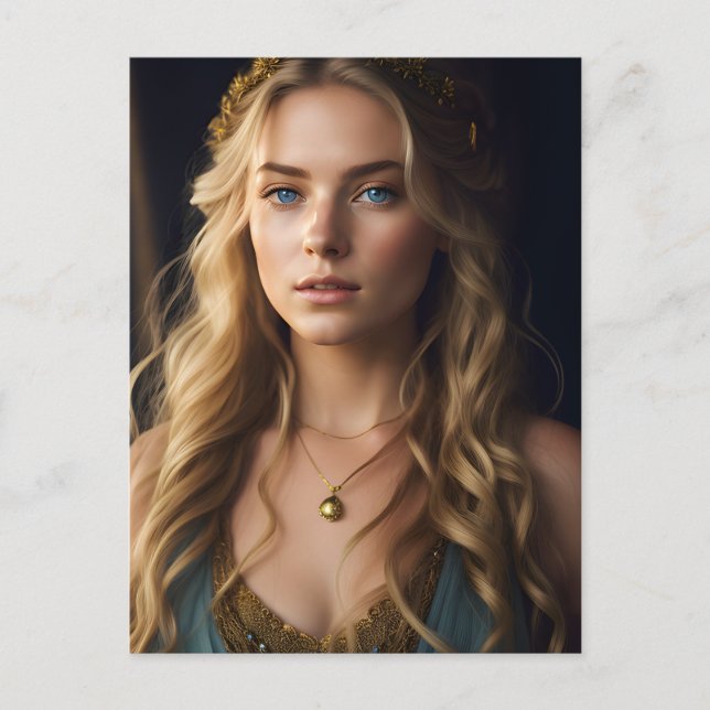 Cartão Postal Linda loira em vestida Dourado e azul (Frente)