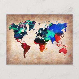 Cartão Postal Linda mapa do mundo antigo da Watercolor