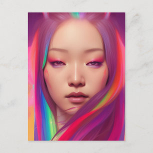 Cartão Postal Linda Mulher Com Cabelo Colorido