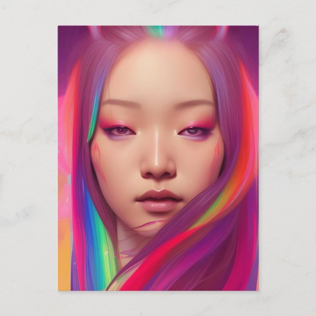 Cartão Postal Linda Mulher Com Cabelo Colorido (Frente)
