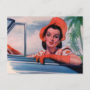 Cartão Postal Linda mulher de carro dos anos 40