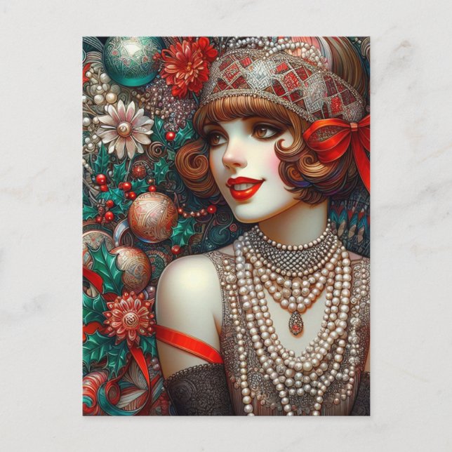 Cartão Postal Linda Mulher Flapper de Natal (Frente)