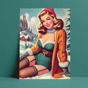 Cartão Postal Linda Pin-up de Inverno Retrô