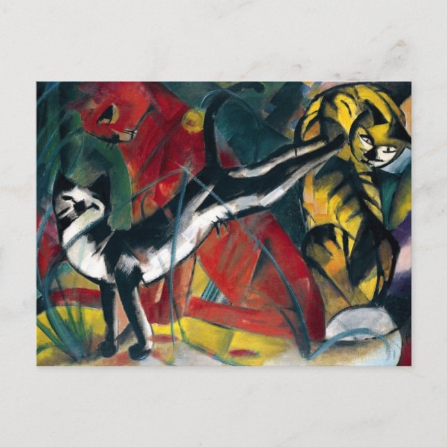 Cartão Postal Linda pintura a óleo antiga em três gatos (Frente)