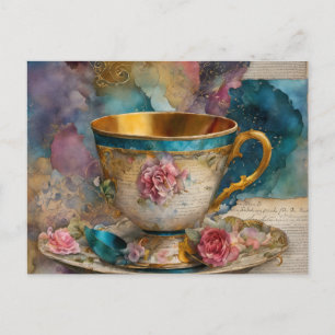 Cartão Postal Linda pintura de colagem de mídia mista Teacup