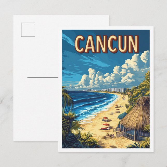 Cartão Postal Linda praia de Cancun, Viagem da ilustração do Méx (Frente/Verso)