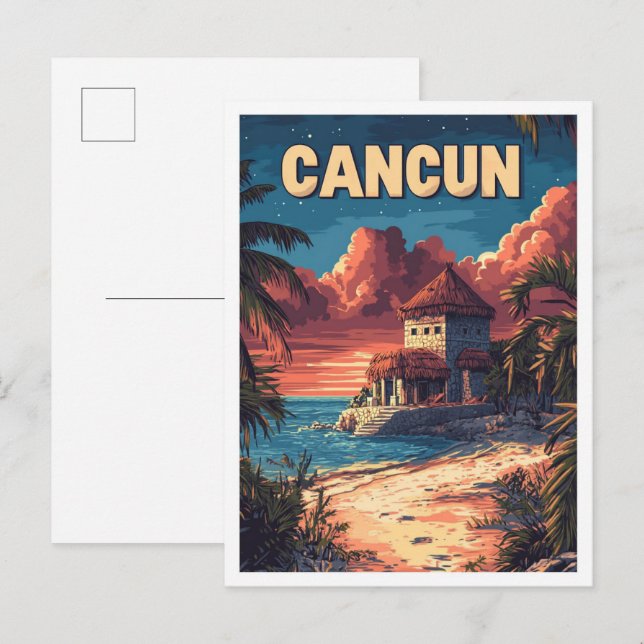 Cartão Postal Linda praia de Cancun, Viagem da ilustração do Méx (Frente/Verso)