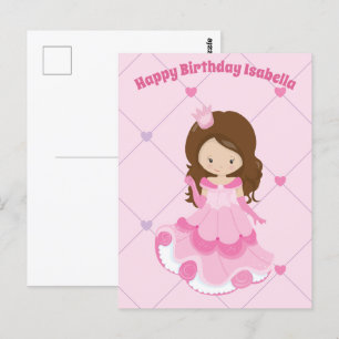 Cartão Postal Linda Princesa Menina Rosa Aniversário Feliz Perso