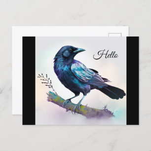 Cartão Postal Linda Raven em uma ramificação de árvores