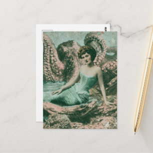 Cartão Postal Linda Sereia Vintage e um Monstro Marinho