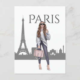 Cartão Postal Linda Trendy Girl em Paris com Torre Eiffel