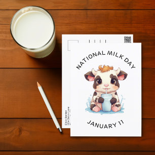 Cartão Postal Linda Vaca Kawaii Preta e Branca Bebendo Leite