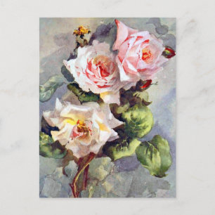 Cartão Postal Lindas Rosas Cor-de-Rosa Pintura em Aquarela