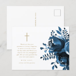 Cartão Postal Lindo Agradecimento de Batismo com Floral Azul e C
