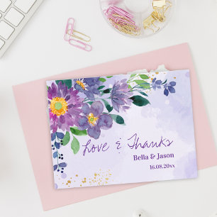 Cartão Postal Lindo Agradecimento de Casamento Floral Azul Roxo
