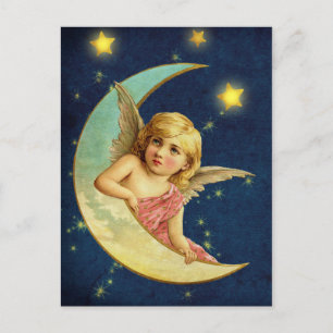 Cartão Postal Lindo Anjo Celestial Vitoriano na Lua Crescente