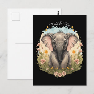 Cartão Postal Lindo Bebê Elefante Flor Silvestre Vagabundagem Pó