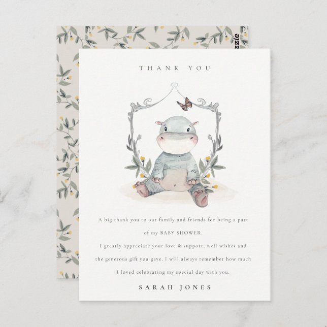 Cartão Postal Lindo Bebê Hipopótamo Amarelo Fauna Chás de Bebê O (Frente/Verso)