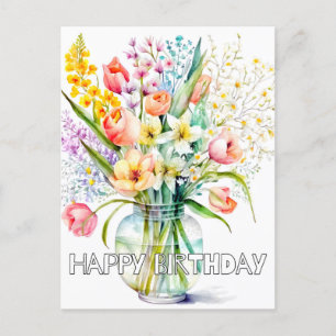 Cartão Postal Lindo Buquê de Flores em Aquarela