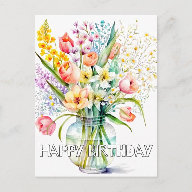 Cartão Postal Lindo Buquê de Flores em Aquarela (Frente)