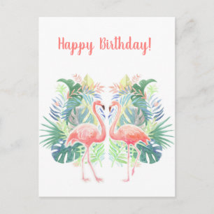 Cartão Postal Lindo Conto de Fadas Para Dois Flamingos Flor Trop