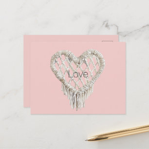 Cartão Postal Lindo Coração Branco Rosa com Franja