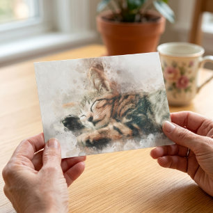 Cartão Postal Lindo e fofo gatinho dormindo aquarela