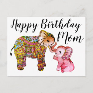 Cartão Postal Lindo Elefante Boho Feliz Aniversário Mãe
