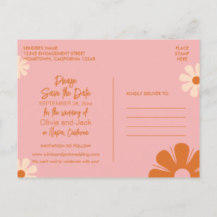 Cartão Postal Lindo Floral Retrô Rosa e Laranja Salve a Data