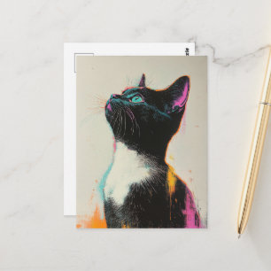 Cartão Postal Lindo gatinho preto e branco com rosa e amarelo 