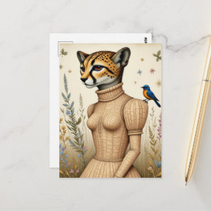 Cartão Postal Lindo guepardo em vestido de casca de bétula com p