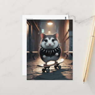 Cartão Postal Lindo hamster punk de skate com coleira com spikes