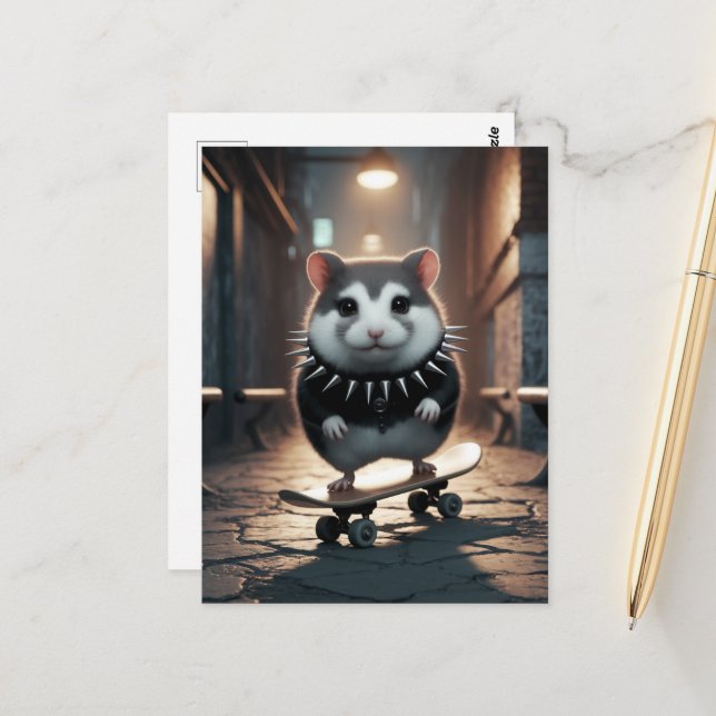 Cartão Postal Lindo hamster punk de skate com coleira com spikes (Frente/Verso In Situ)