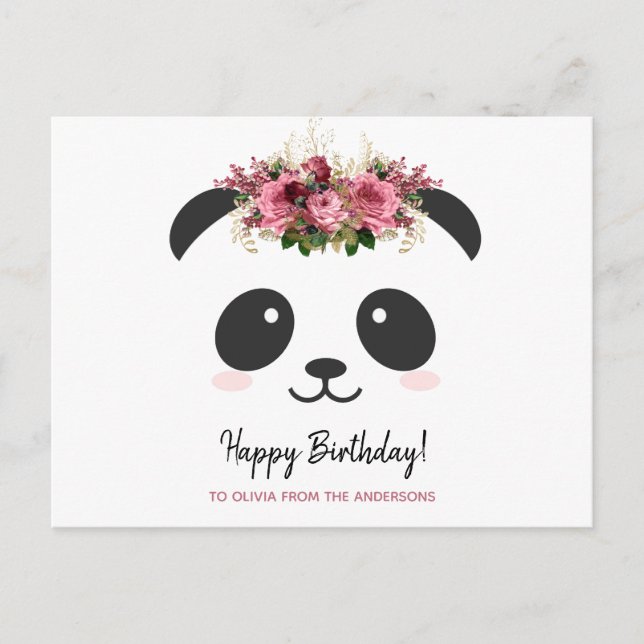 Cartão Postal Lindo panda Feliz Aniversário floral rosa personal (Frente)